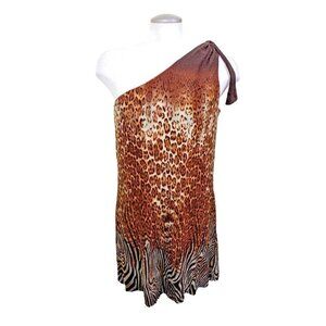 Bianca Nygard NEW One Shoulder Mini Dress Size 14 Leopard Print Brown Party Date